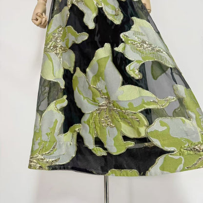 Black Metallic Floral Jacquard Two-Piece Set with Cropped Trapeze Top and Maxi Skirt