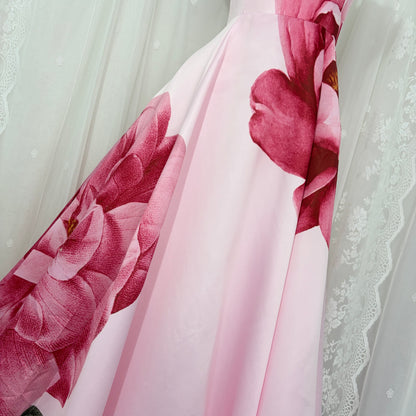 Pink Strapless Large Floral Print Satin Ball Gown