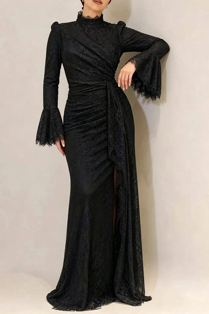 victoria Long lantern sleevelace-trim maxi dress - black