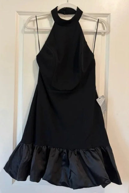 Bubble Hem Halter Mini dress in black