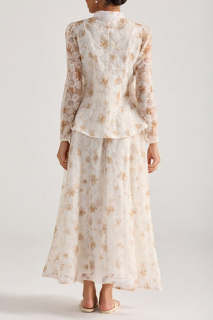 rebecca yellow Floral embroidered long-sleeve top skirt set