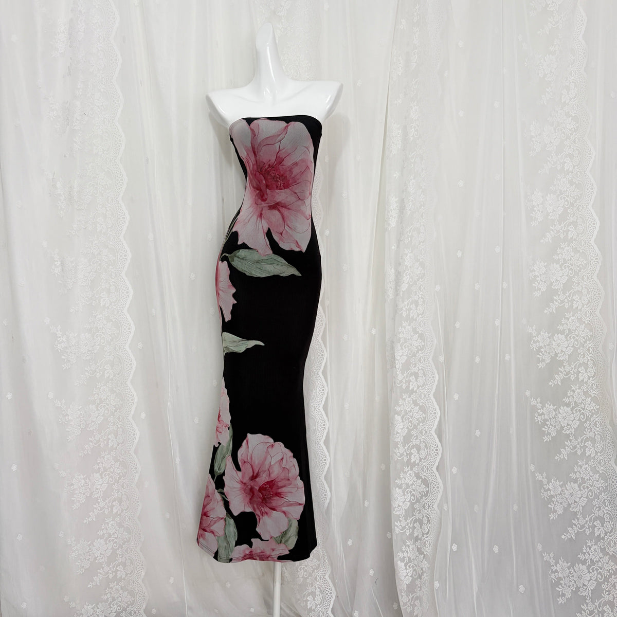 Black Floral Print Strapless Mermaid Maxi Dress