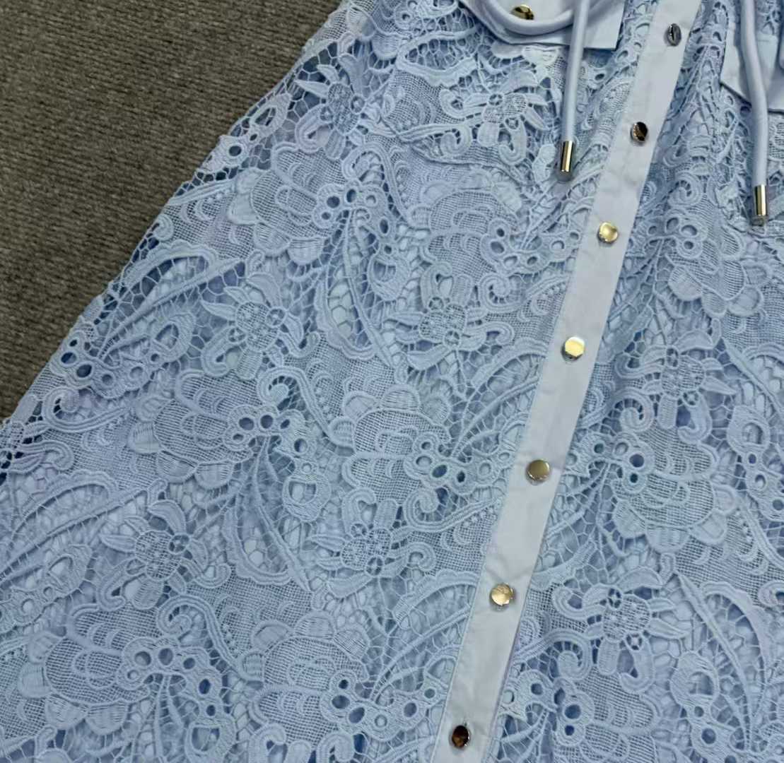 Sky Blue Sleeveless Tie Neck Cargo Pocket Floral Lace Midi Shirt Dress