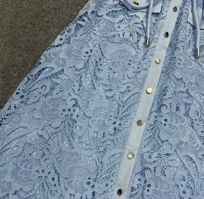 Sky Blue Sleeveless Tie Neck Cargo Pocket Floral Lace Midi Shirt Dress