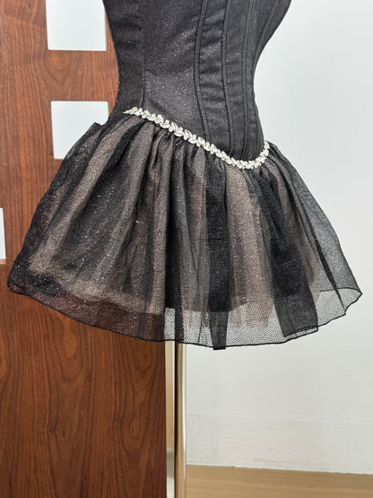 debby Tube Top Fishbone Mesh Tulle Tutu mini dress in black
