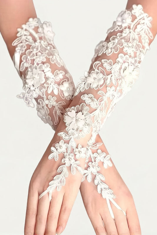 3D Floral Pearl Leaf Lace Fingerless Long Bridal Gloves