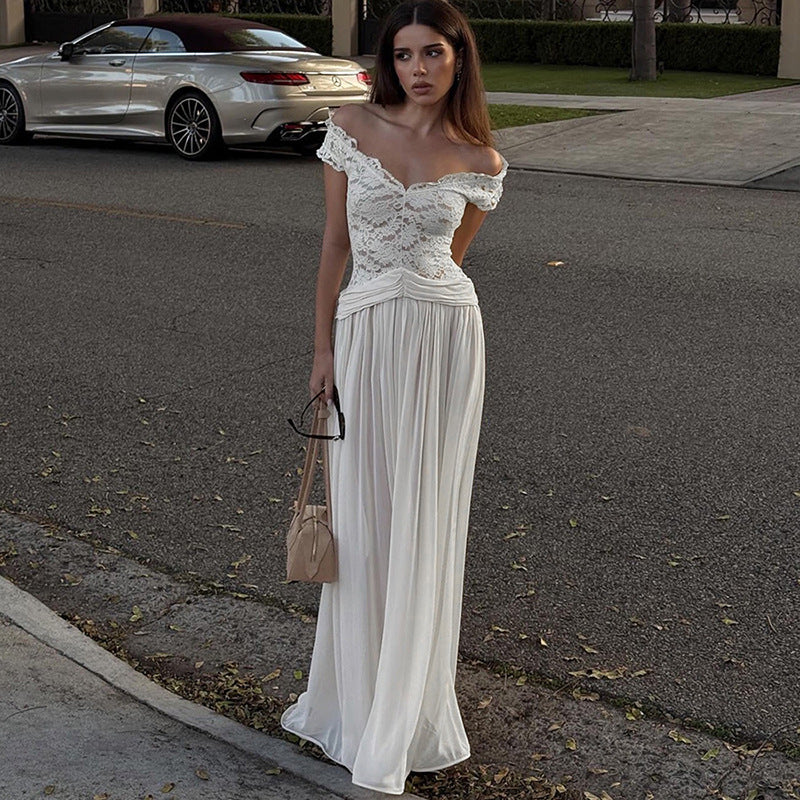 New winter style sheer V-neck lace-trimmed maxi dress