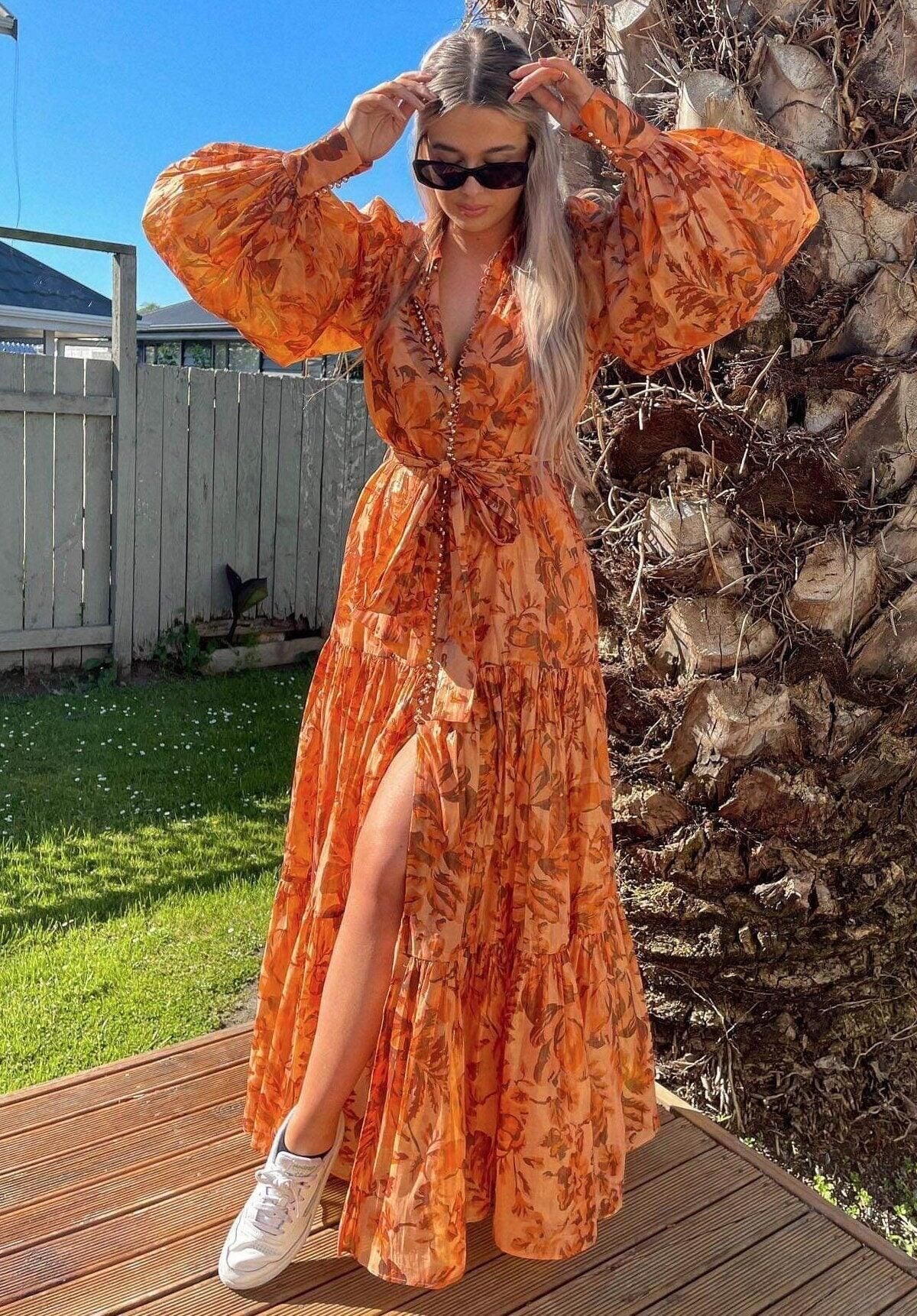kelly Printed Balloon Sleeve Maxi Dress in brown