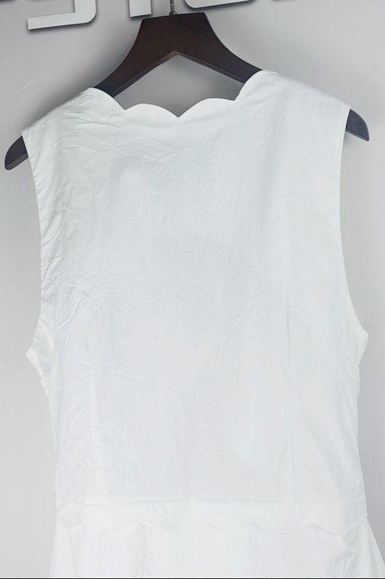 Scallop trim V-neck Crinkled Maxi Dress in ecru