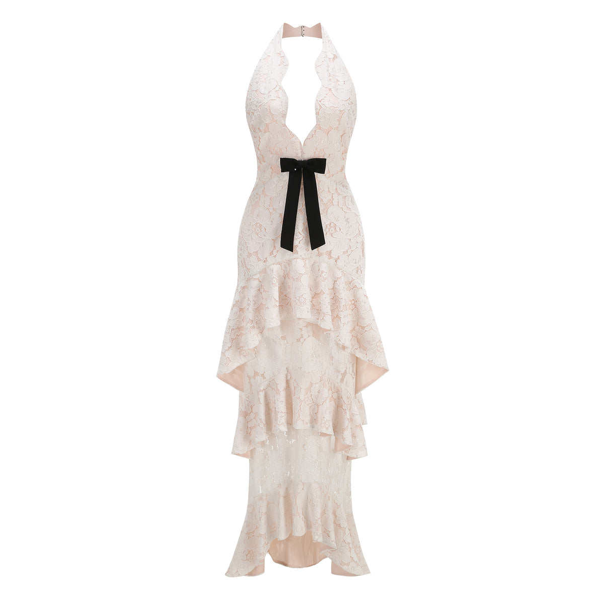 Pale Pink Floral Lace Tiered Halter Gown