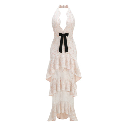 Pale Pink Floral Lace Tiered Halter Gown