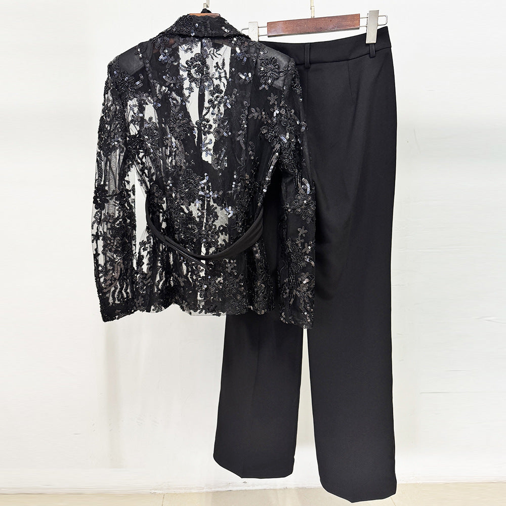 Mesh embroidered beaded jacket & trousers 2-piece set - black