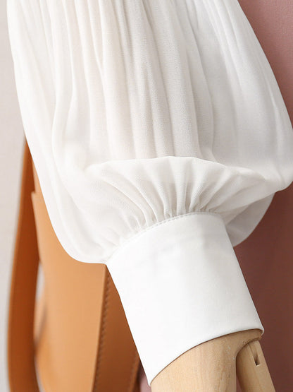 Oversized Point Collar Mixed Fabric Pleated Lantern Sleeve Satin Blouse