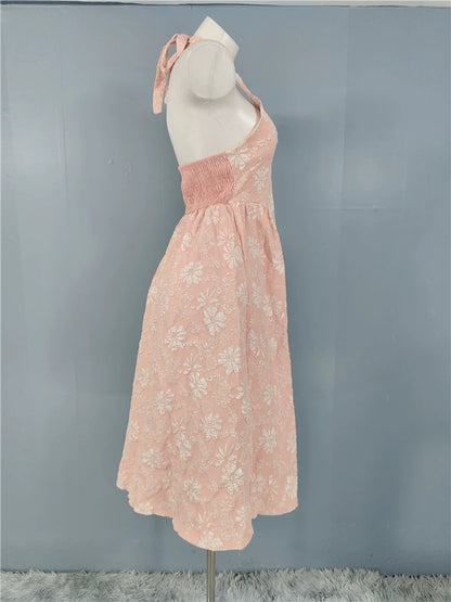 pink fairy jacquard halterneck open back big swing midi dress