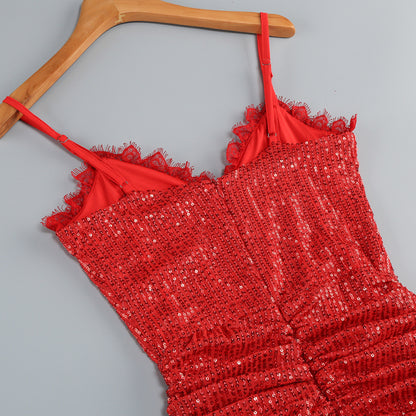 bertha high slit pleated sequin maxi dress in red