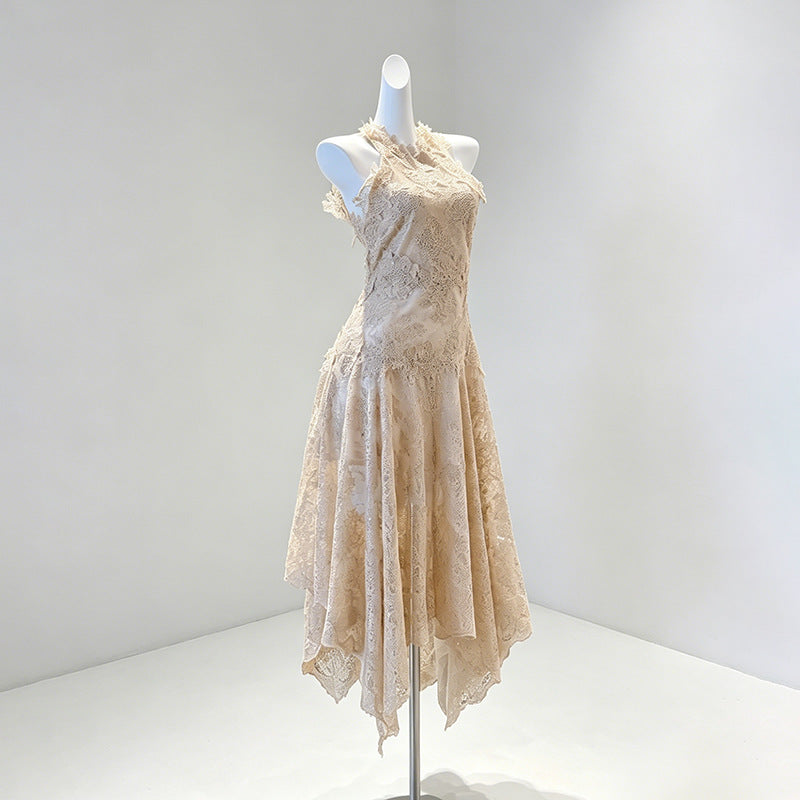 Beige Peach Floral Lace A-Line Midi Dress