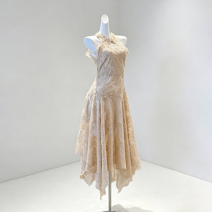 Beige Peach Floral Lace A-Line Midi Dress