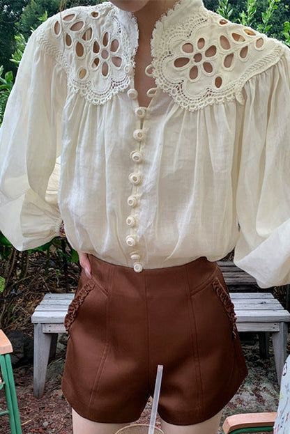 hollow embroidery cotton and linen long-sleeved shirt top