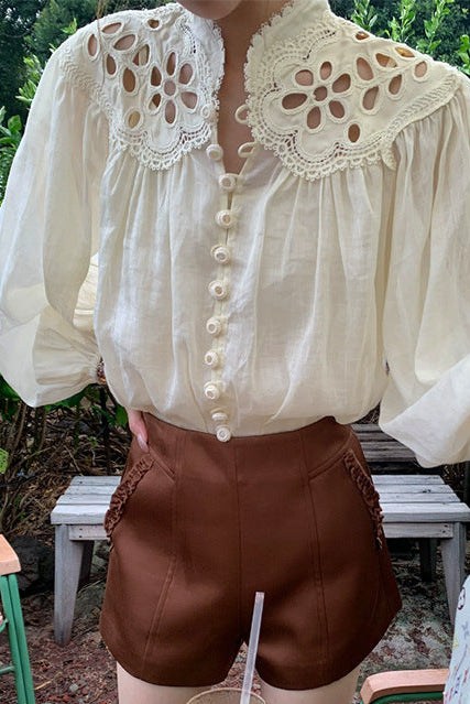 hollow embroidery cotton and linen long-sleeved shirt top