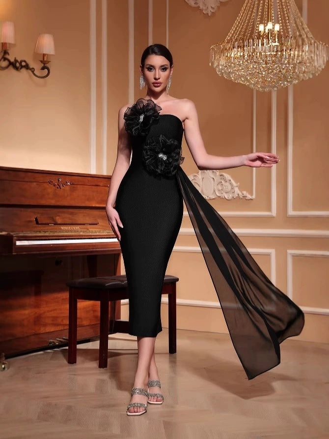 venus 3d flower rhinestone strapless midi dress in black