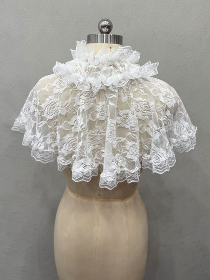 Rose Floral Lace Ruffle High Neck Short Cape Shrug