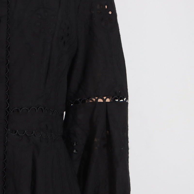 retro single-breasted hollow lace midi dress in black