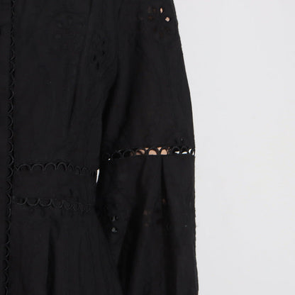 retro single-breasted hollow lace midi dress in black