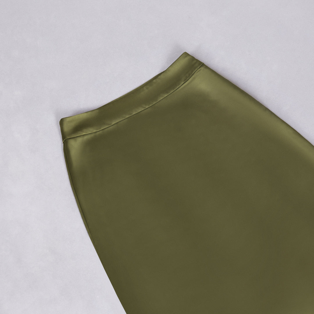 Sleeveless Turtleneck Tassel Paneled Top and Satin Skirt Set in green