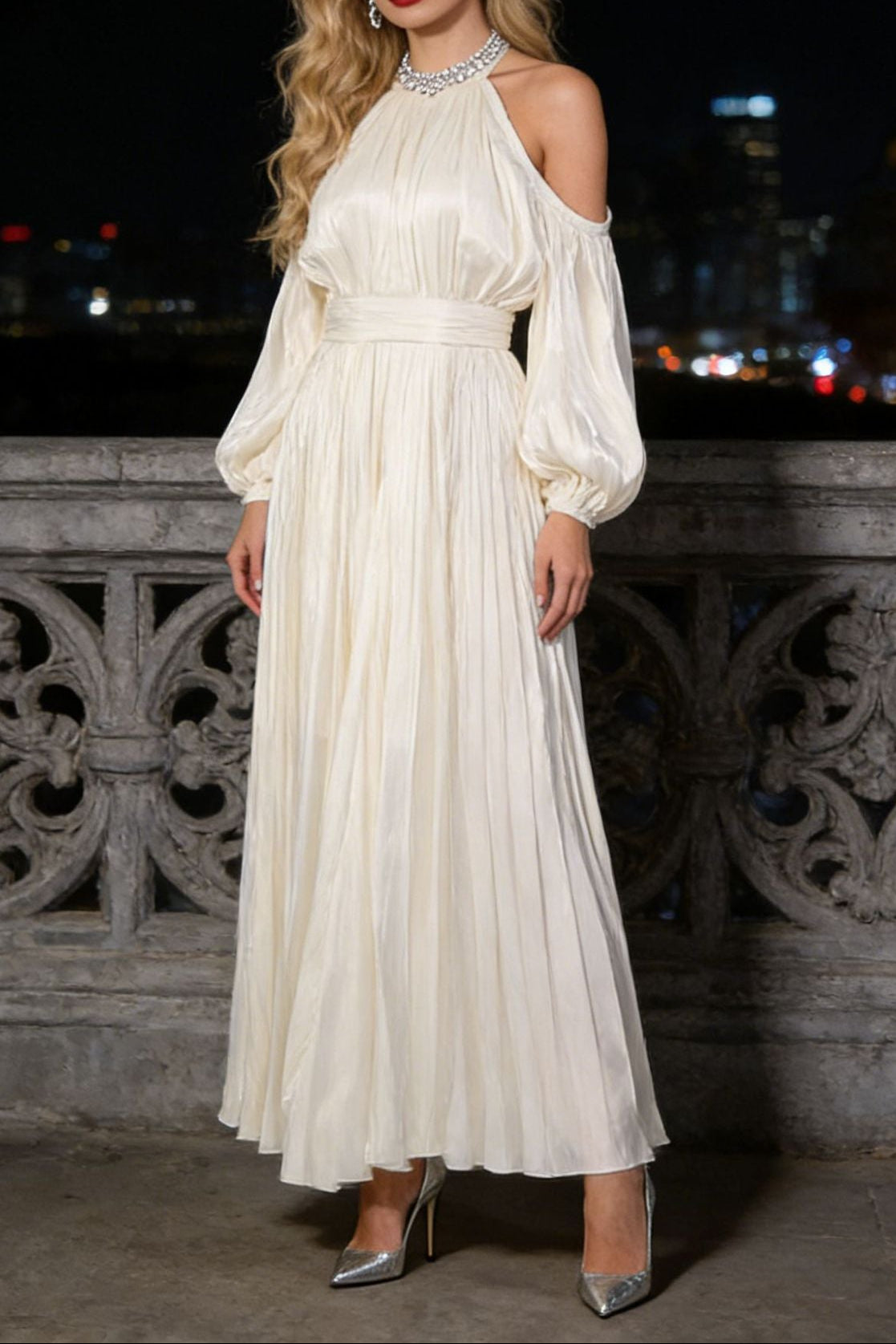 ashley apricot off shoulder pleated puff sleeve maxi dress