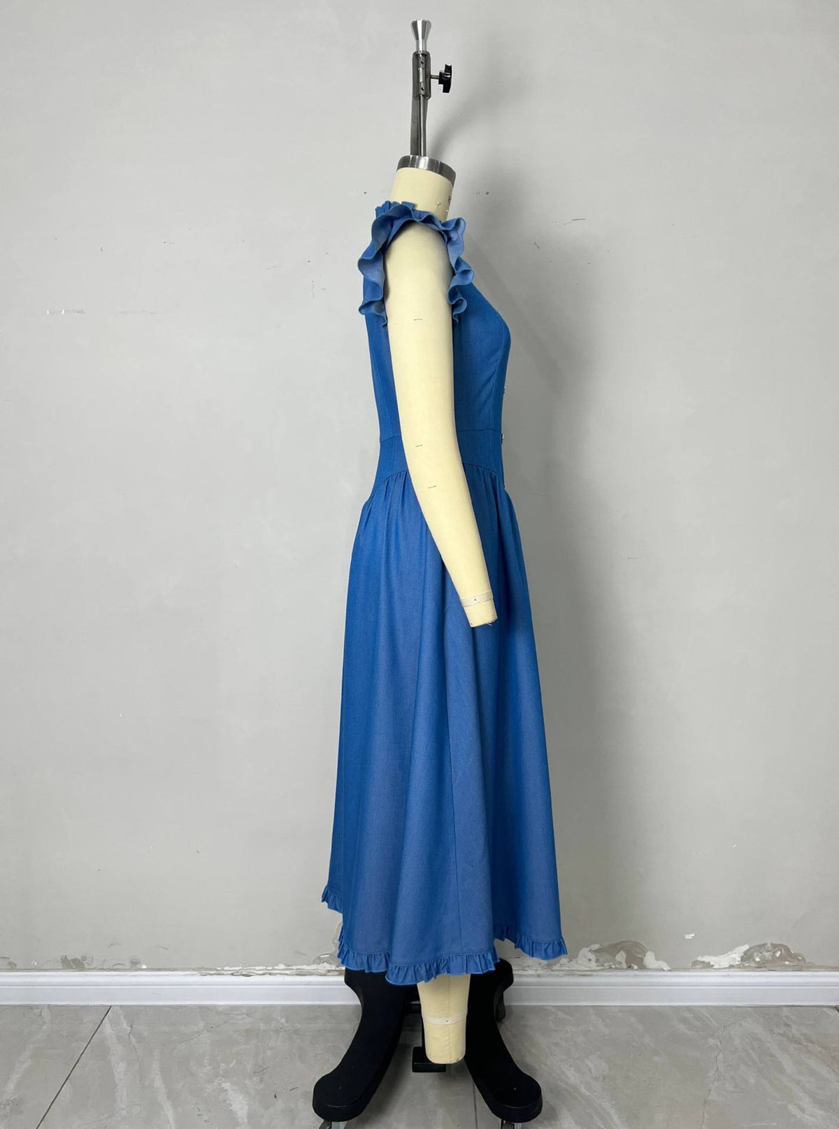 Blue Denim Ruffle Cap Sleeve Button Front Flared Midi Dress