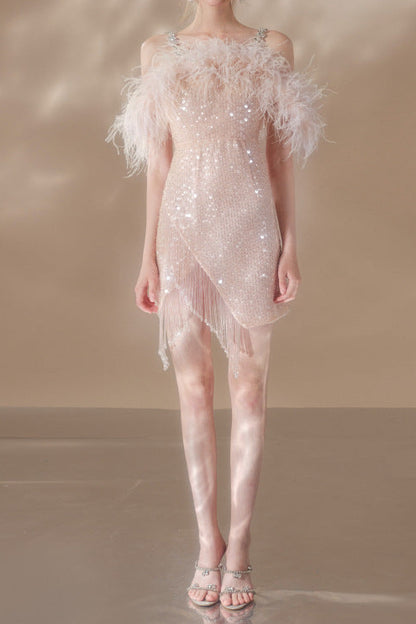 priscilla sequin feather crystal-strap mini dress in pink