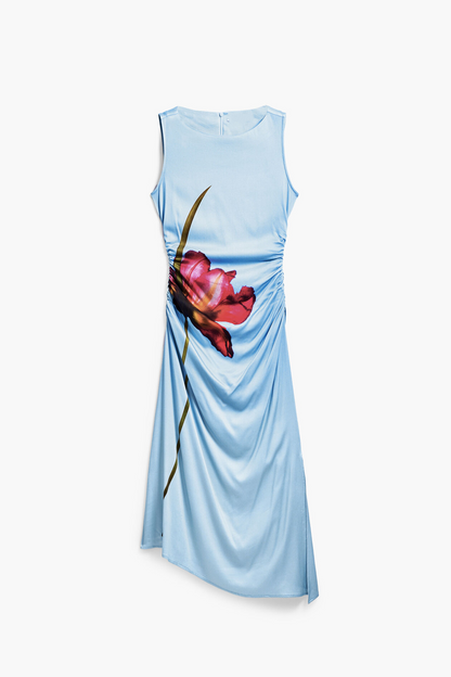 floral print with a ruched waist sleeveless midi dress