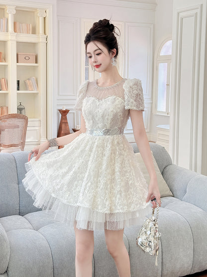 White Lace Sequin Puff Sleeve Mini Dress with Tulle Hem