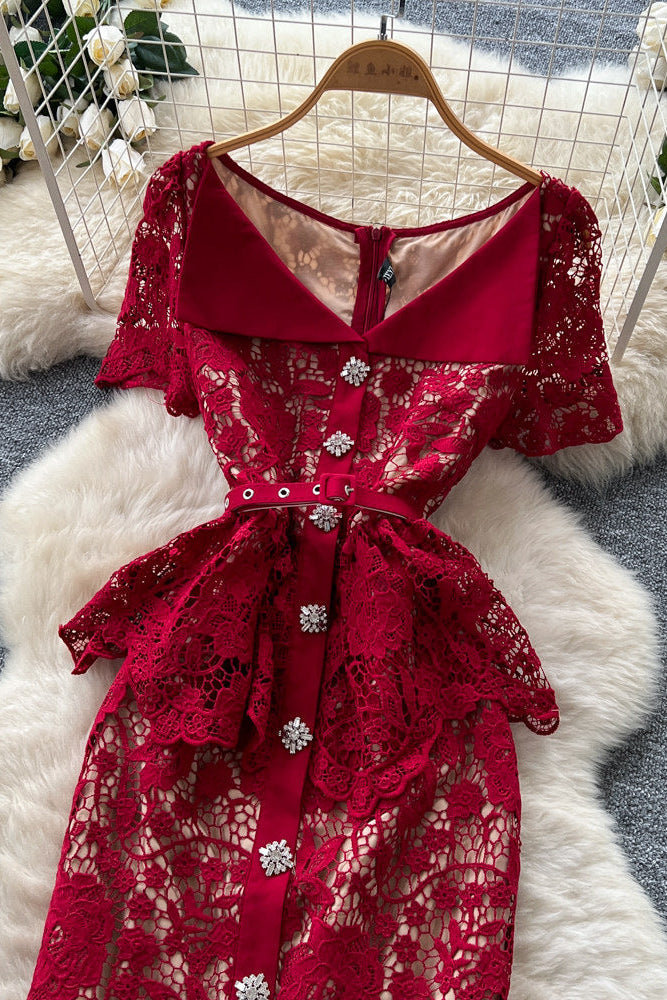 Dark Red Corded Floral Lace Sheath with Peplum Dress