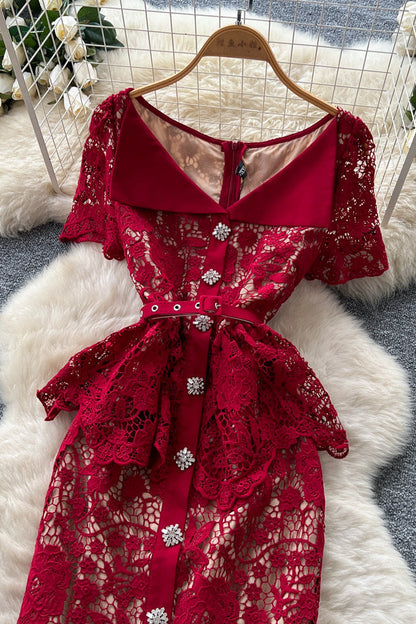 Dark Red Corded Floral Lace Sheath with Peplum Dress