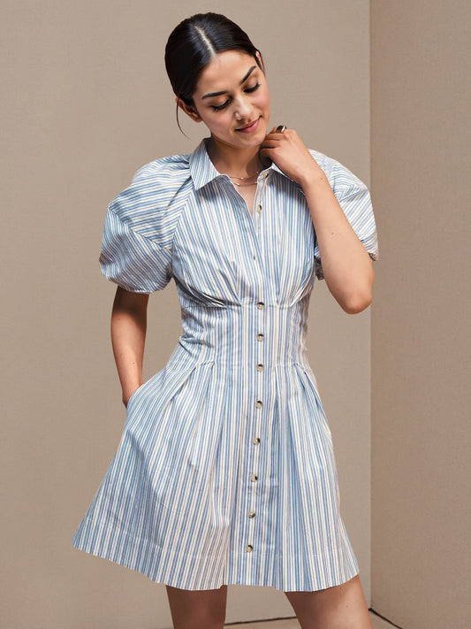 Blue White Stripe Collared Puff Sleeve Button Front Mini Shirt Dress
