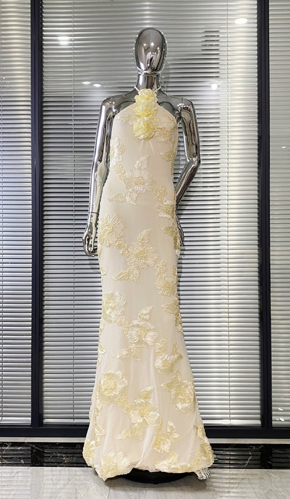 Nefertiti pale yellow tulle backless party mixi dress