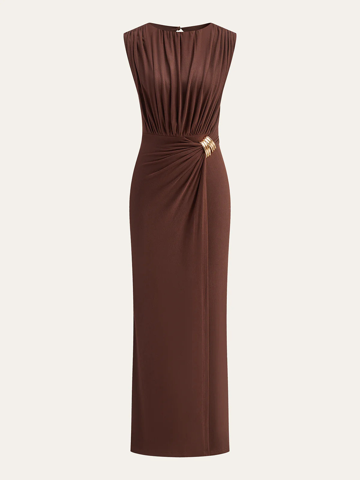 Dark Brown Textured Knit Fitted Sheath Dress with Brooch