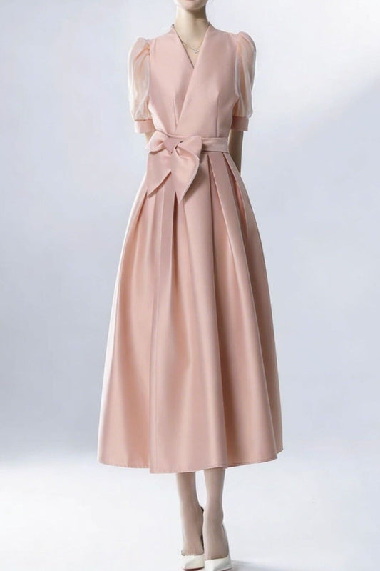 Satin Puff Sleeve Bow Belt Midi Dress