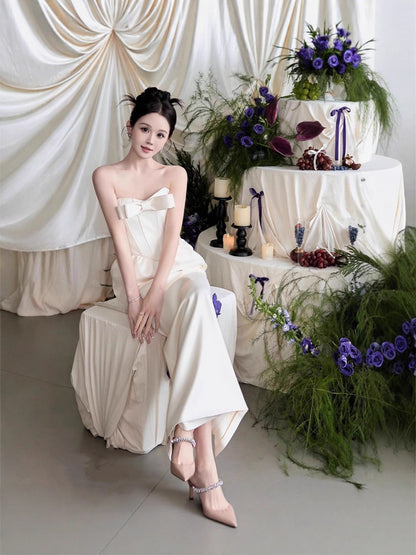 josephine bow satin strapless maxi dress in white