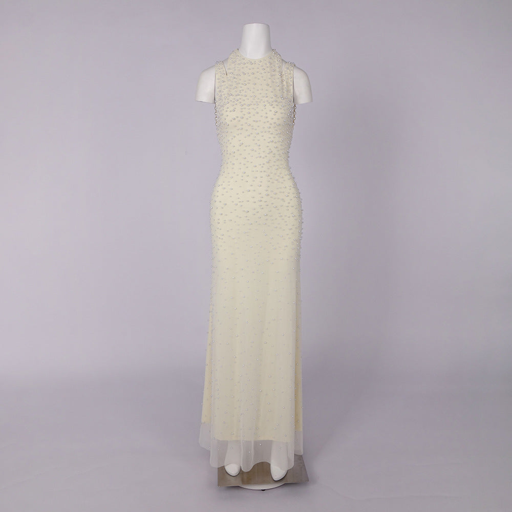 Pearl tassel off-shoulder fishtail maxi dress - yellow