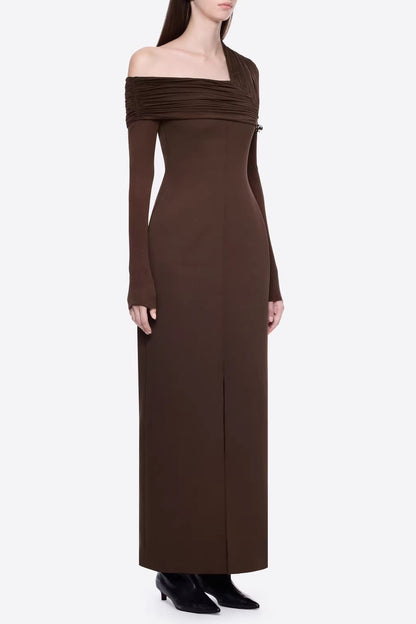 maud One-shoulder pleated high-slit maxi dress - brown