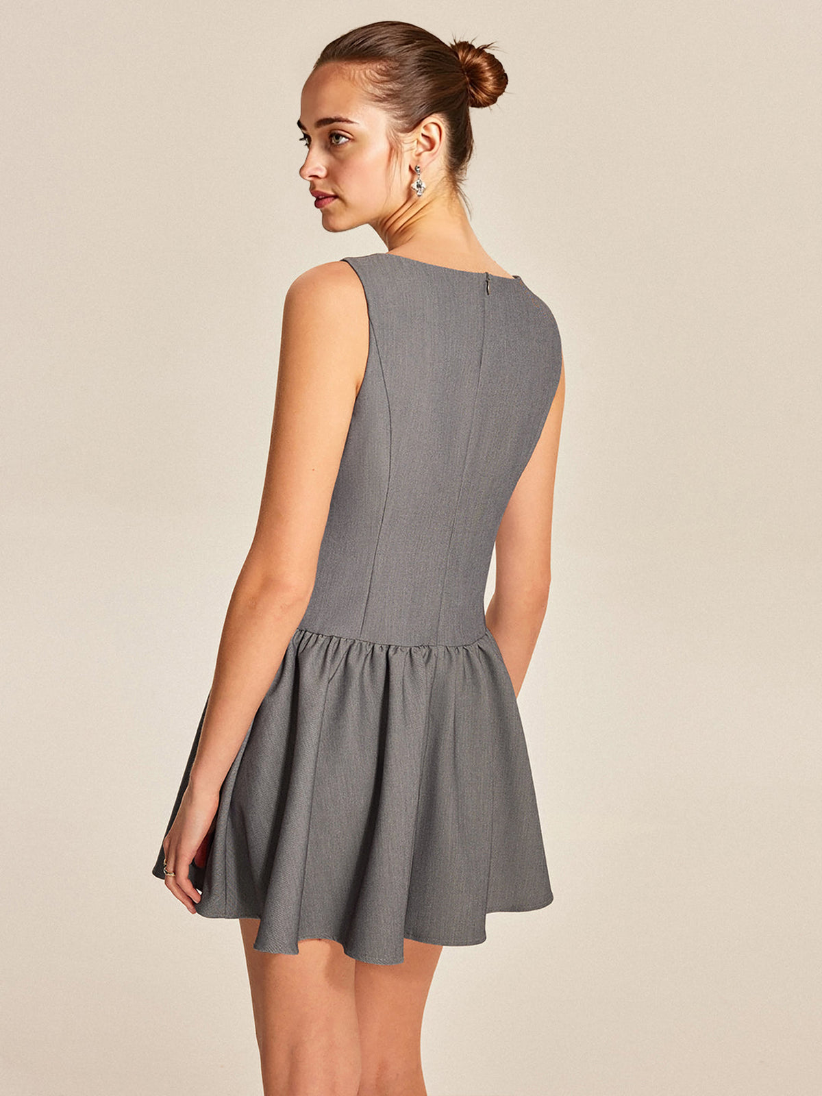 Grey Boat Neck Sleeveless Button Front Gathered Flare Mini Dress
