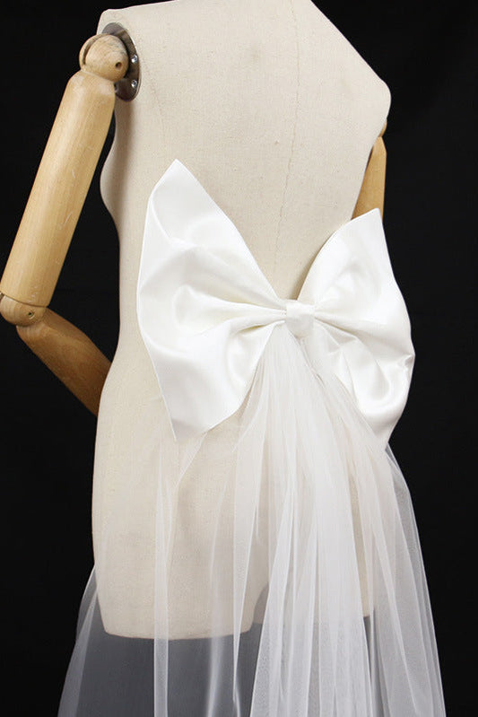 Oversized White Satin Giant Back Bow with Long Sheer Tulle Train Sash
