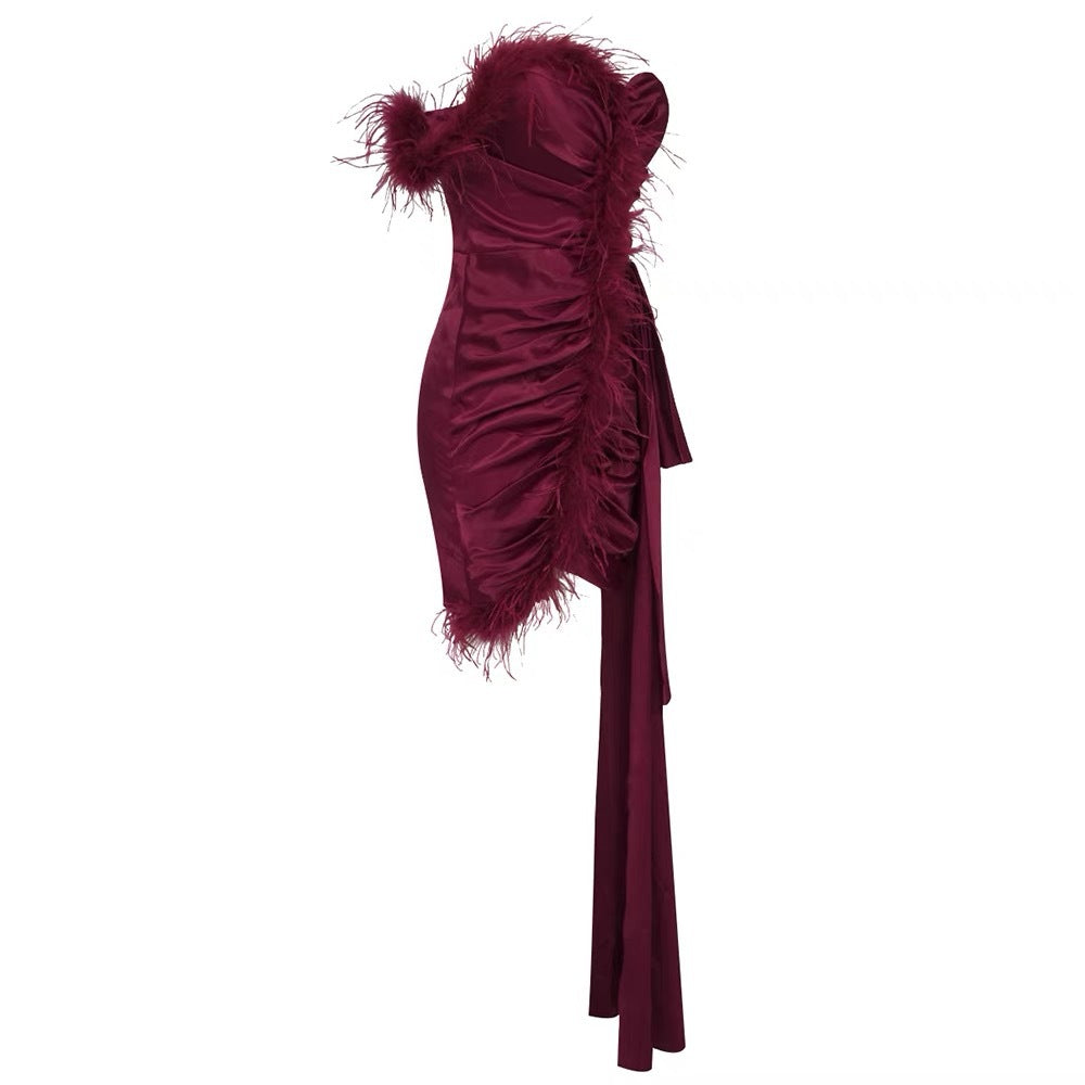 burgundy feather embellished strapless mini dress