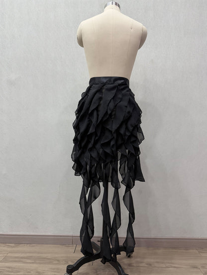 Multi-Layer Cascading Ruffle Asymmetric Streamer Chiffon Skirt