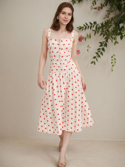 Cream Red Polka Dot Square Strap Button Front Flared Midi Dress