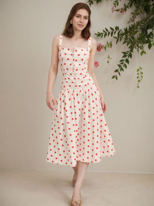 Cream Red Polka Dot Square Strap Button Front Flared Midi Dress