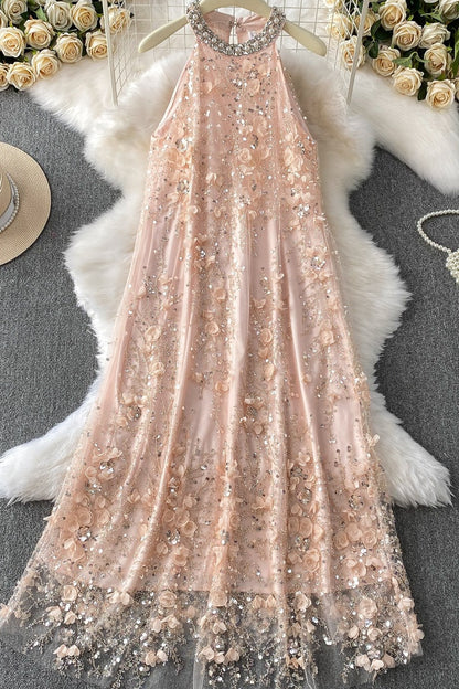 Blush Pink Tulle Mesh A-Line Shift Dress with Floral Embellishment