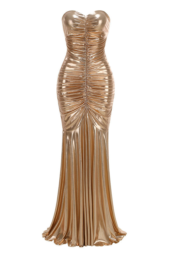 Gold Metallic Ruched Mermaid Gown